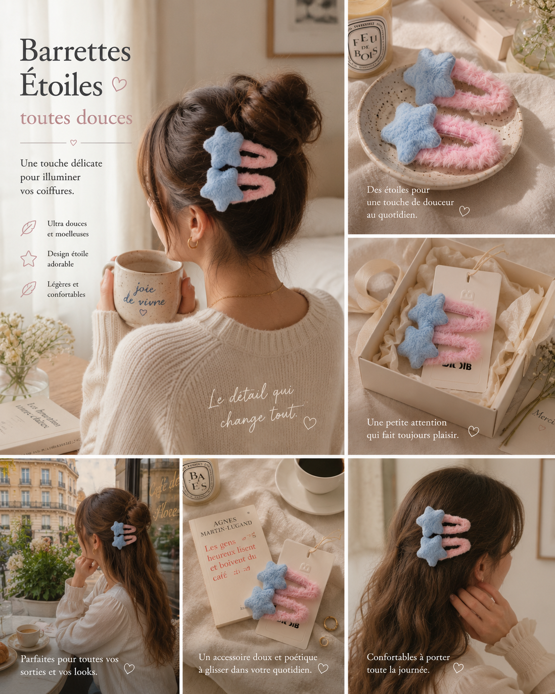Barrette peluche DIOIB bleue et rose en tissu forme étoile portée dans les cheveux, mise en scène