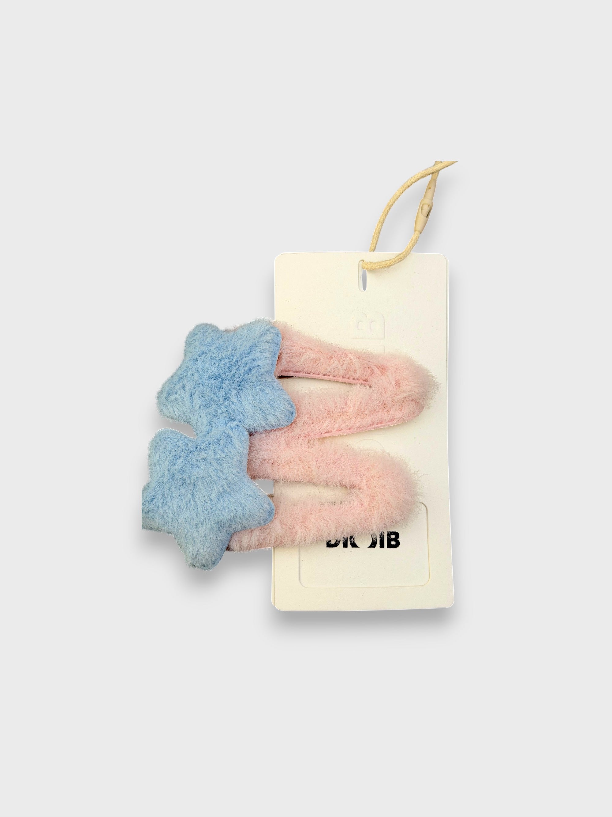 Barrette peluche DIOIB bleue et rose en tissu forme étoile, vue de face