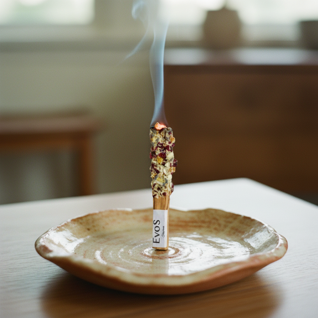 Bâton herbal fleurs mélangées EvoSensation allumé flamme vive, coupelle céramique beige organique table bois lumière naturelle douce