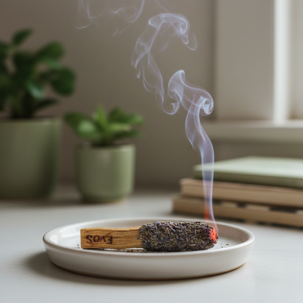 Bâton herbal fumant à la lavande EvoSensation violet et bois en lavande séchée et palo santo, posé dans une coupelle en céramique blanche sur bureau gris clair avec plantes vertes en pot vert sauge et carnets empilés, lumière naturelle fenêtre vue de face