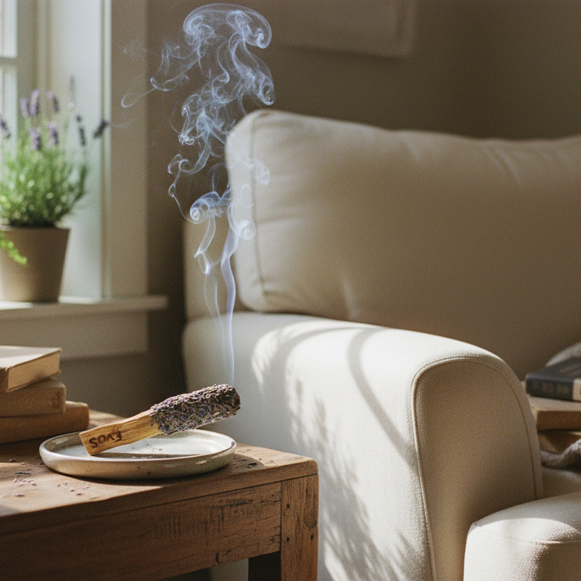 Bâton herbal fumant à la lavande EvoSensation violet et bois en lavande séchée et palo santo, posé dans une coupelle en céramique blanche sur table basse en bois rustique avec livres empilés, fauteuil en lin beige pot de lavande et lumière naturelle dorée fenêtre, vue de côté