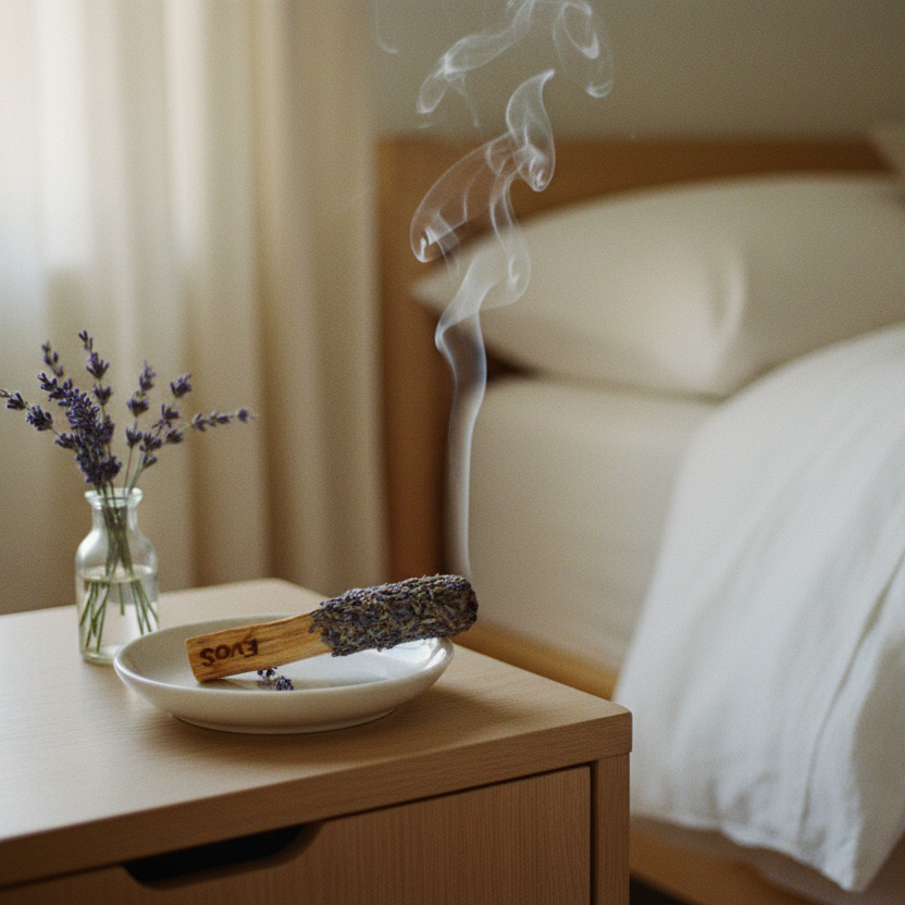 Bâton herbal fumant à la lavande EvoSensation violet et bois en lavande séchée et palo santo, posé dans une coupelle en céramique blanche sur table de chevet en bois clair avec vase en verre et lavande fraîche, chambre minimaliste tête de lit beige lin blanc lumière douce tamisée, vue de côté