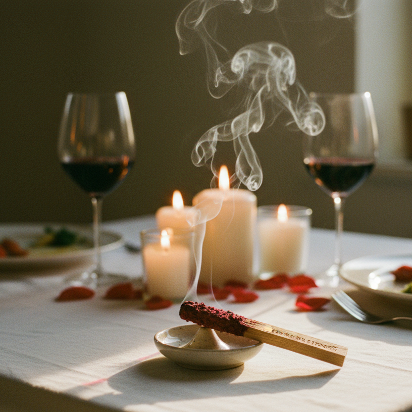 Bâton herbal fumant à la rose rouge EvoSensation bordeaux et bois en rose séchée et palo santo, posé dans une coupelle en céramique beige sur table de dîner romantique nappe blanche avec bougies piliers blanches allumées verres de vin rouge et pétales de roses rouges, lumière tamisée chaleureuse vue de face légèrement plongeante