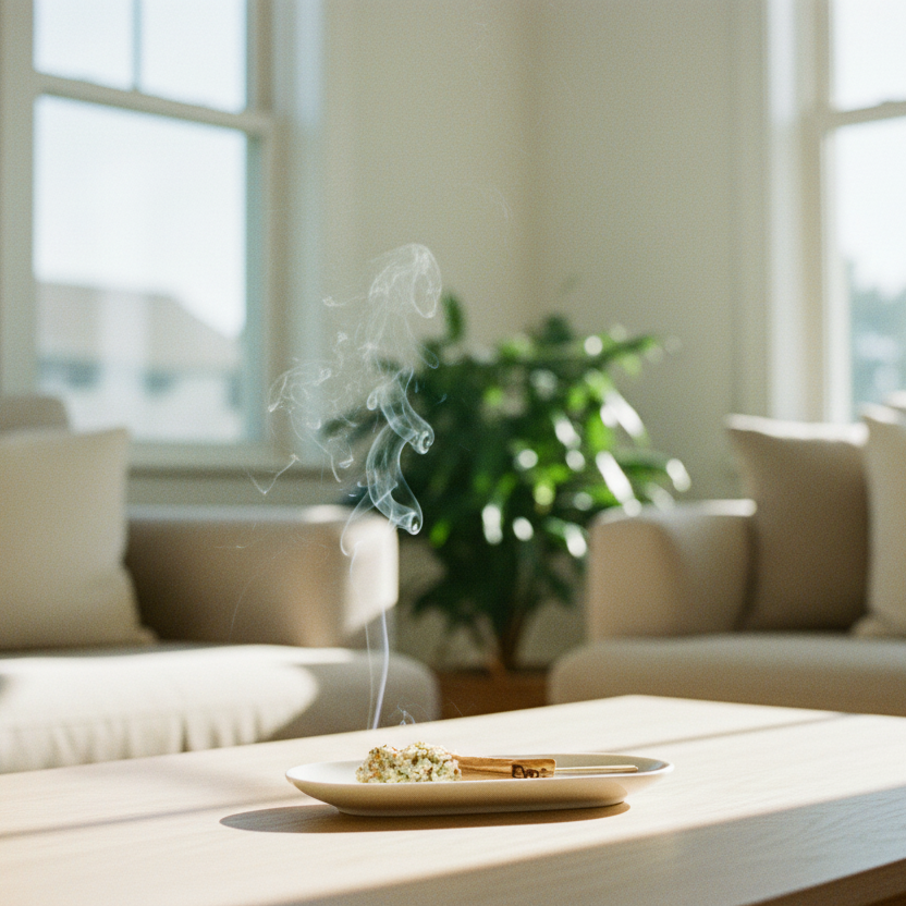 Bâton herbal fumant à la sauge blanche EvoSensation blanc vert et bois en sauge blanche et palo santo, posé dans une coupelle en céramique blanche sur table basse en bois clair, salon scandinave canapé beige lin plante tropicale verte et grandes fenêtres lumière naturelle vive, vue de face légèrement plongeante