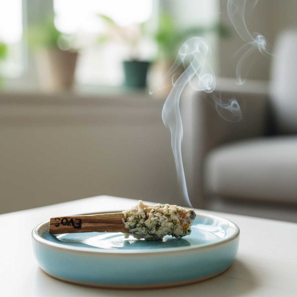 Bâton herbal fumant à la sauge blanche EvoSensation blanc vert et bois en sauge blanche et palo santo, posé dans une coupelle en céramique bleue artisanale sur table basse blanche, salon moderne canapé gris clair plantes vertes en pot et grandes fenêtres lumière naturelle, vue de face légèrement plongeante