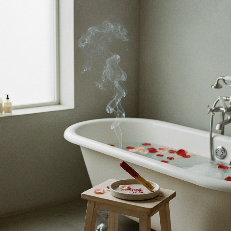 Bâton herbal rose EvoSensation bordeaux, tabouret bois salle de bain baignoire sabot pétales rouges lumière naturelle