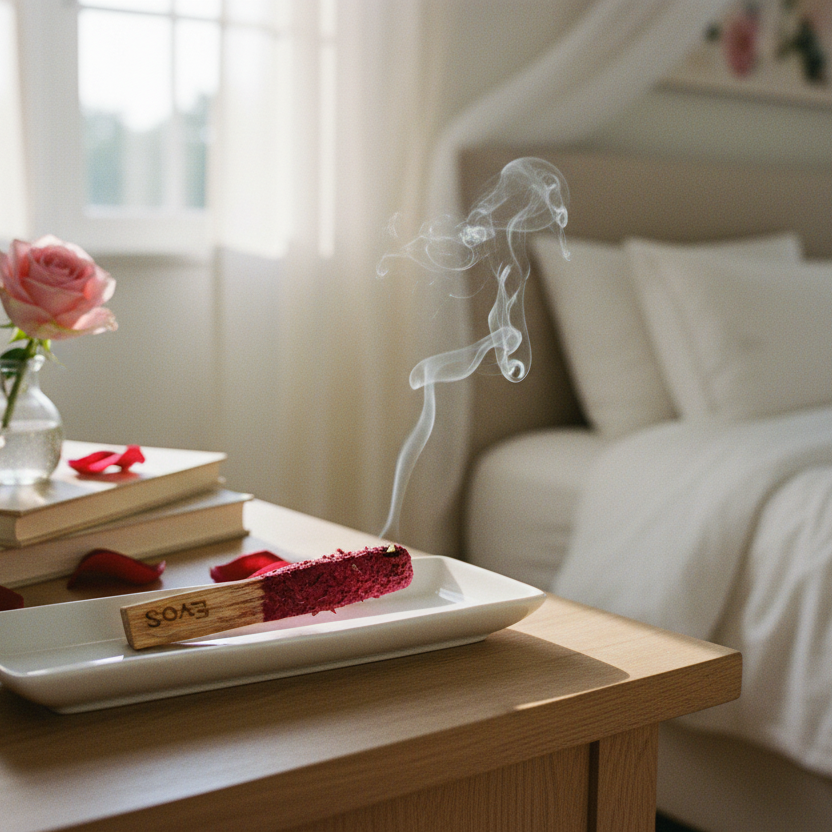 Bâton herbal rose EvoSensation bordeaux, plateau blanc table de chevet bois livres rose fraîche pétales chambre beige lumière dorée douce