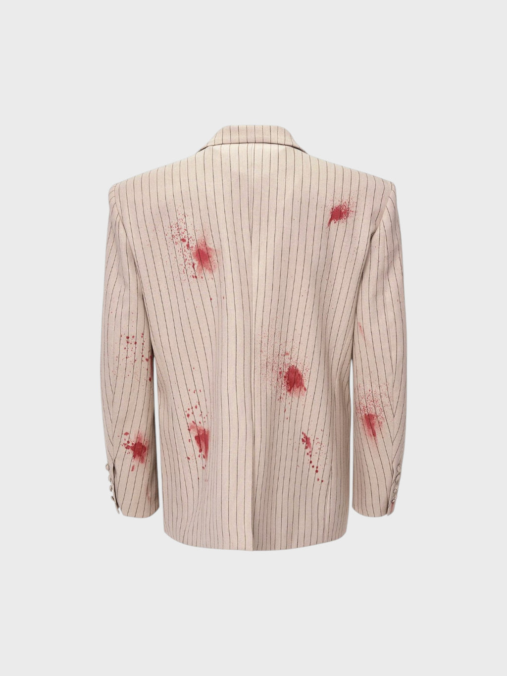 Blazer structuré STARTEXCEEDEND rayures craie crème avec taches peinture rouge sang peintes à la main all-over et épaulettes structurées, vue de dos
