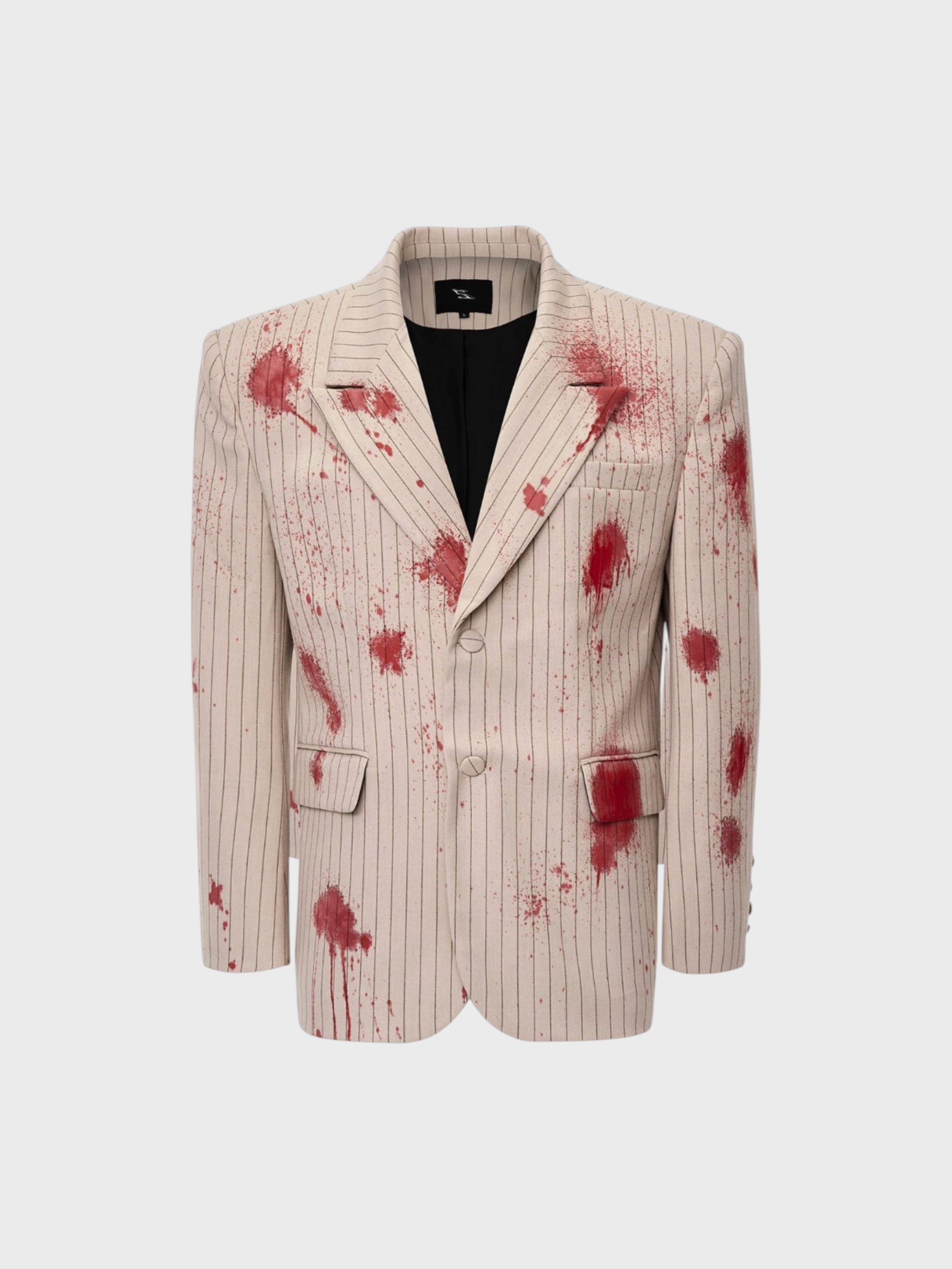 Blazer structuré STARTEXCEEDEND rayures craie crème avec taches peinture rouge sang peintes à la main all-over, revers crané et deux boutons, vue de face
