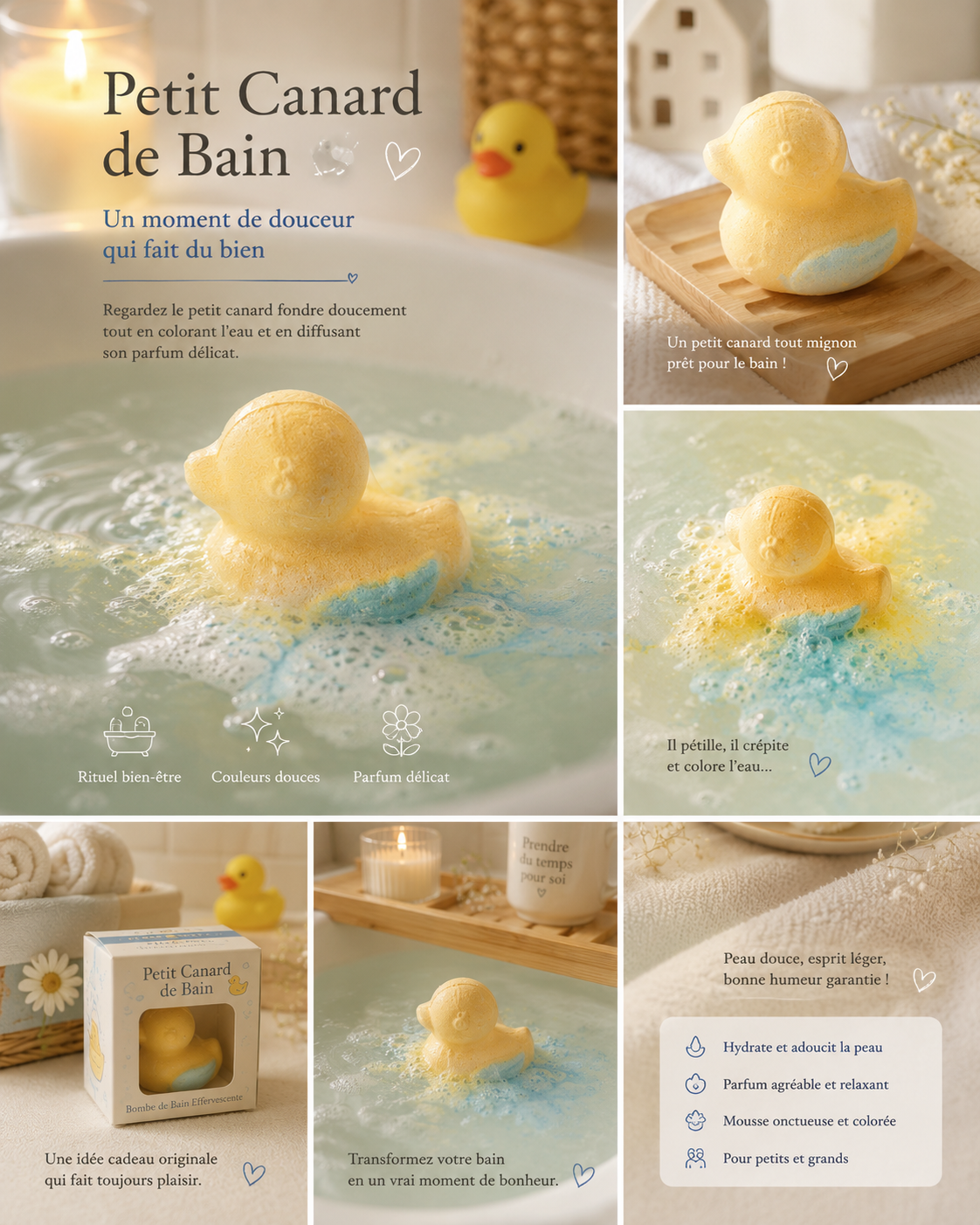 Bombe de bain artisanale Petit Canard de Bain jaune et bleue en bicarbonate forme canard en utilisation dans le bain, mise en scène