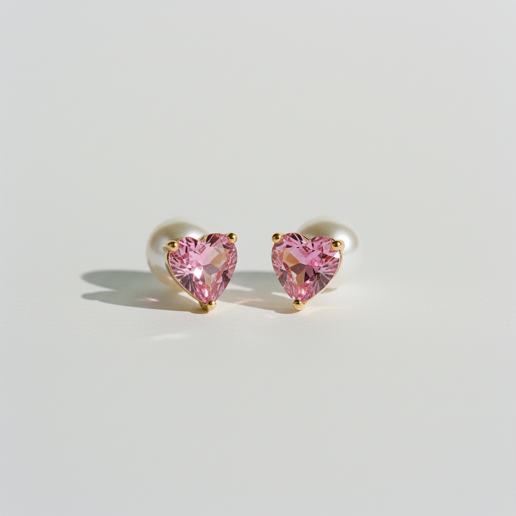 Boucles d'oreilles puces cœur et perle FLV dorées roses et blanches métal zircone rose taille cœur et perle naturelle, vue trois quarts fond beige