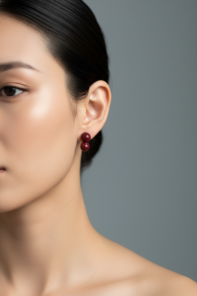 Boucles d'oreilles double boule Freddo bordeaux en résine ou pierre naturelle, portées par une femme en studio, vue de profil