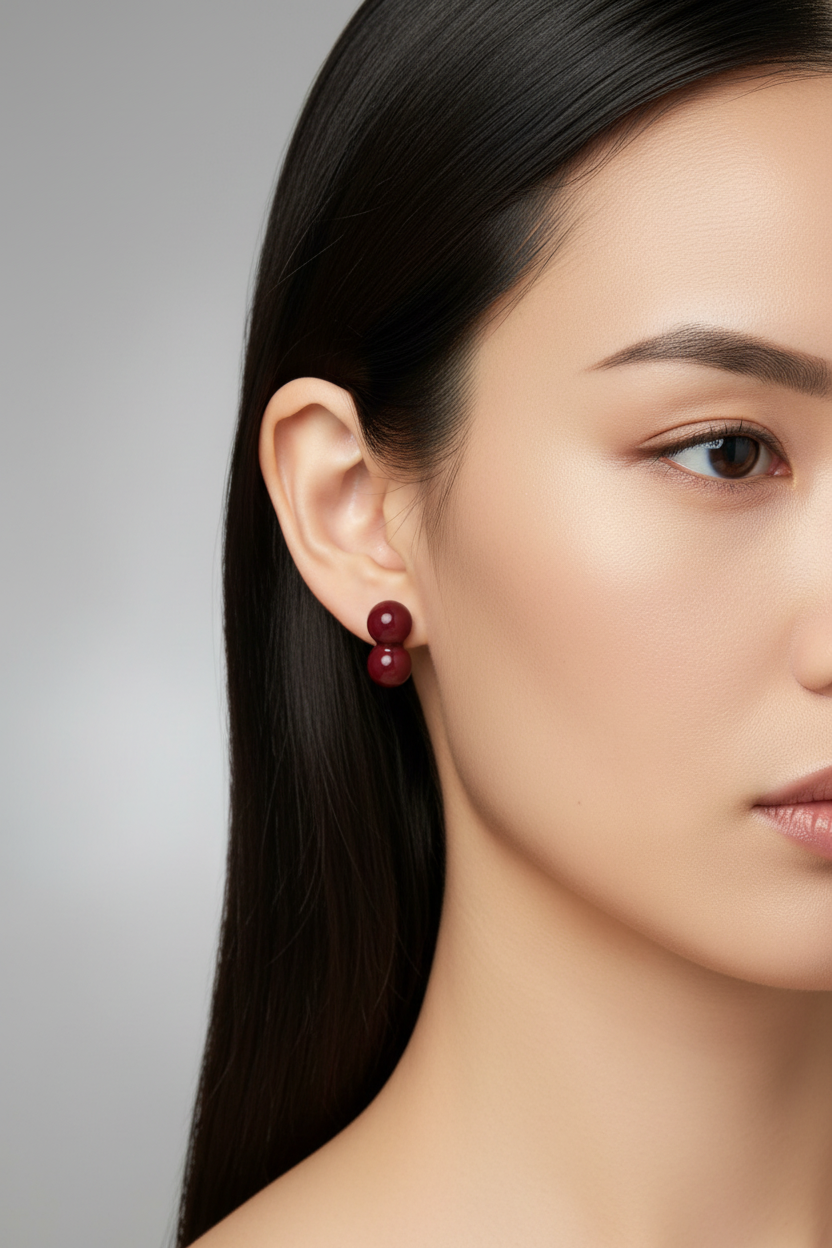 Boucles d'oreilles double boule Freddo bordeaux en résine ou pierre naturelle, portées par une femme en studio, vue de trois quarts