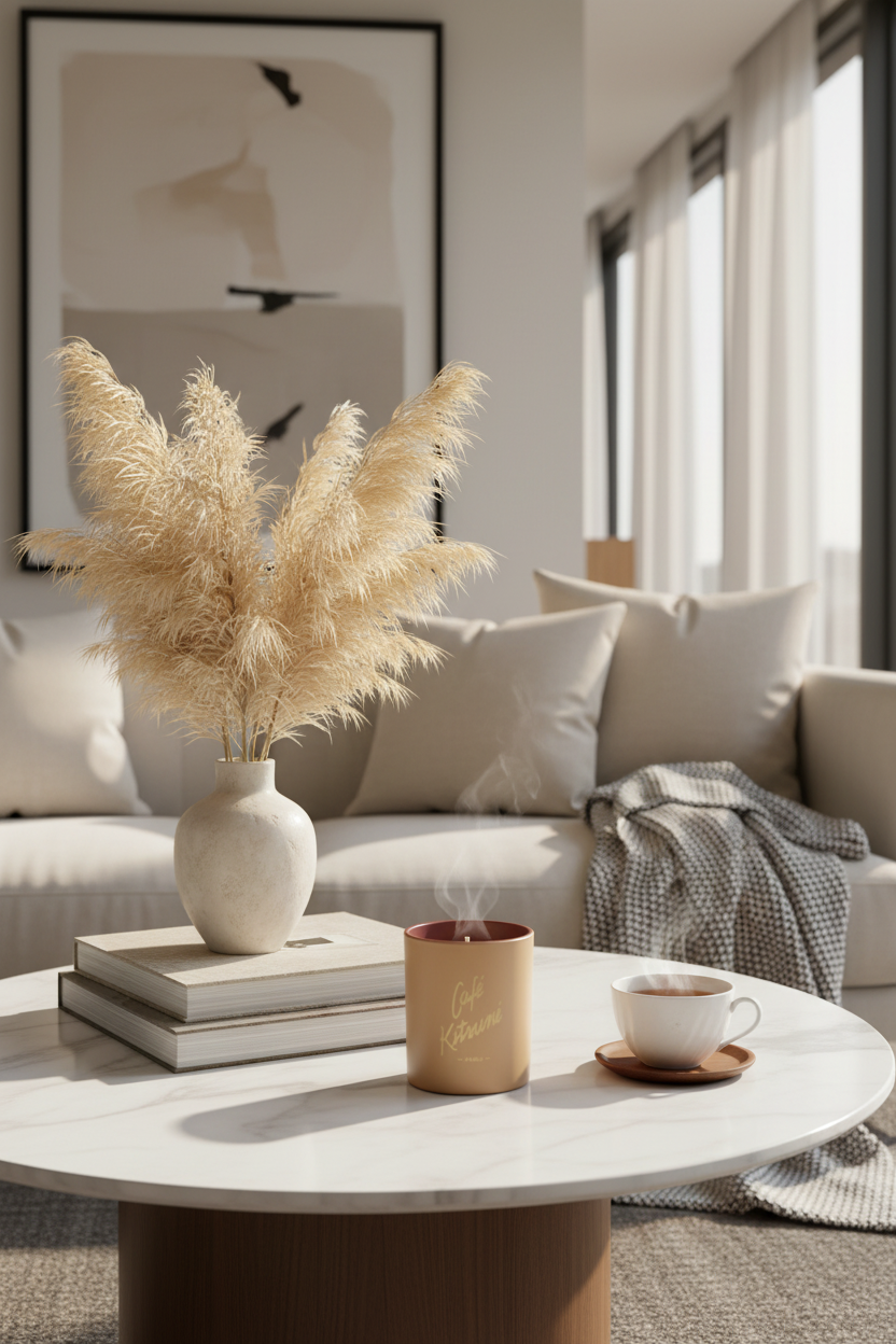 Bougie parfumée logo Café Kitsuné Paris beige et doré en cire naturelle fumante, posée sur une table basse ronde en marbre blanc avec livres empilés vase blanc herbes de pampas et tasse de thé, salon minimaliste canapé gris clair coussins beige plaid gris et tableau abstrait, lumière naturelle douce