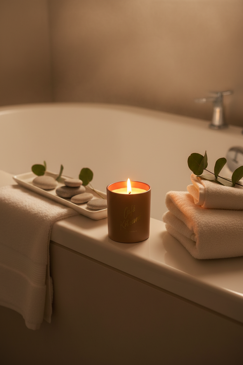 Bougie parfumée logo Café Kitsuné Paris terracotta et doré en cire naturelle allumée flamme dorée, posée sur le bord d'une baignoire blanche avec plateau de galets gris branche d'eucalyptus et serviettes beige empilées, ambiance spa luxueux lumière chaleureuse tamisée