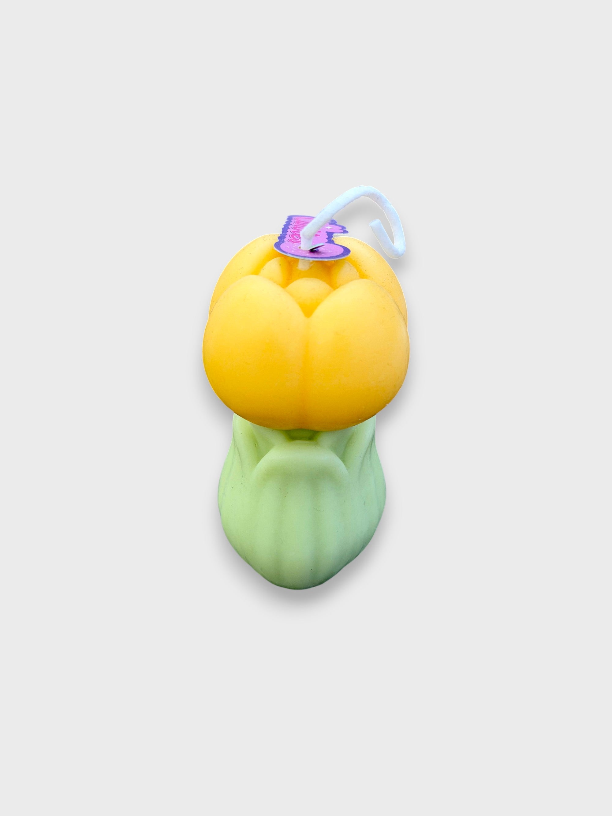 Bougie artisanale Candles jaune et verte en cire forme tulipe, vue de face