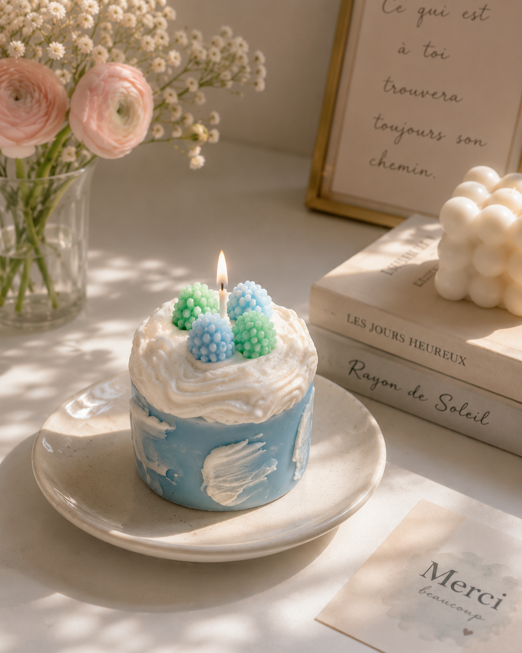 Bougie artisanale bleue et blanche en cire forme gâteau allumée, mise en scène