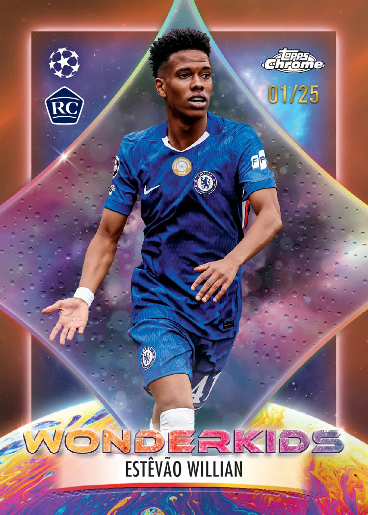 Carte à collectionner Chrome Topps UEFA Club Competitions 2025-26, Estêvão Willian insert Wonderkids rookie numérotée 01/25 Chelsea