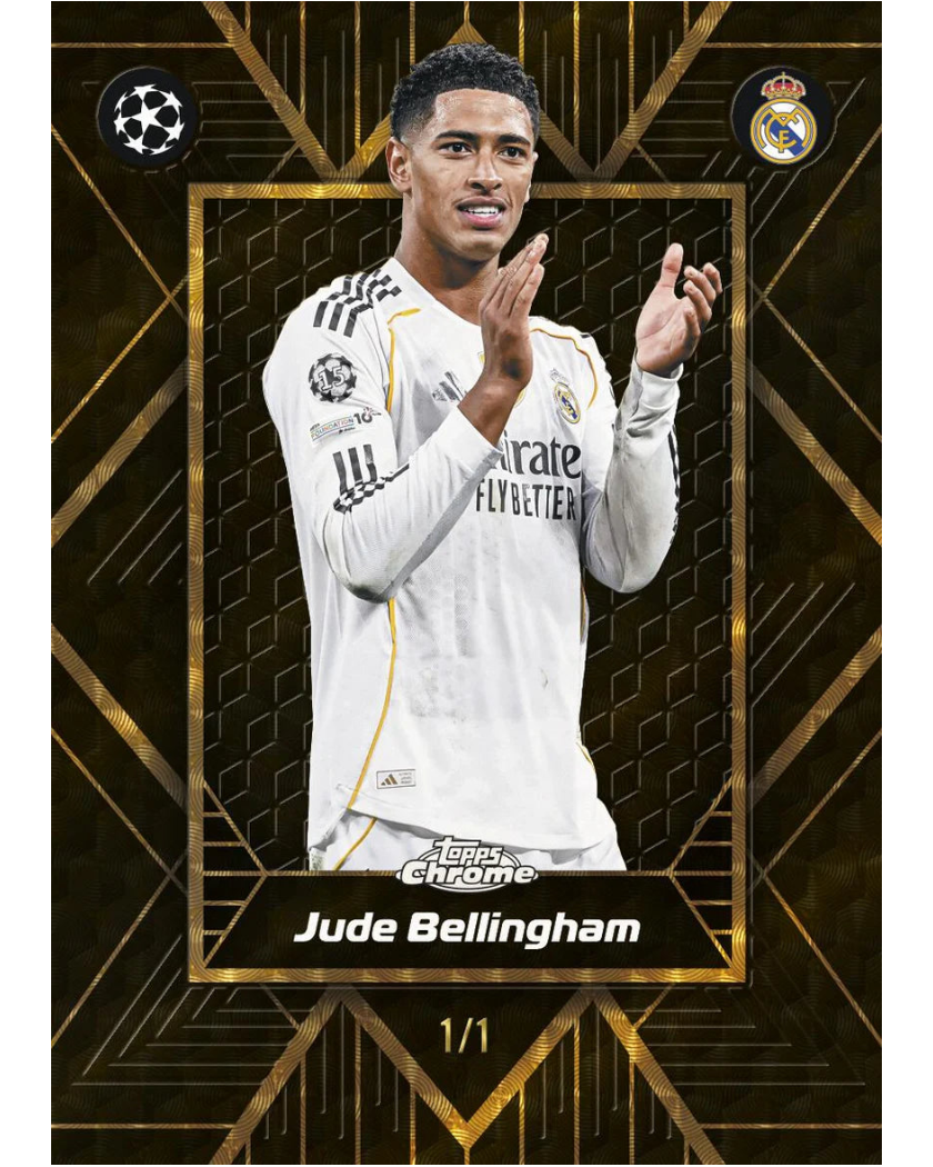 Carte à collectionner Chrome Topps UEFA Club Competitions 2025-26, Jude Bellingham parallèle Gold numérotée 1/1 Real Madrid