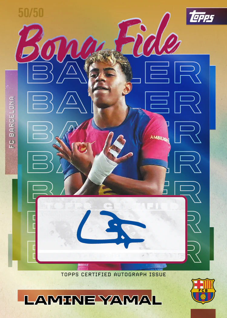 Carte autographe Bona Fide Baller Topps Lamine Yamal FC Barcelona 2025/26, numérotée 50/50 fond dégradé bleu-or signature bleue certifiée
