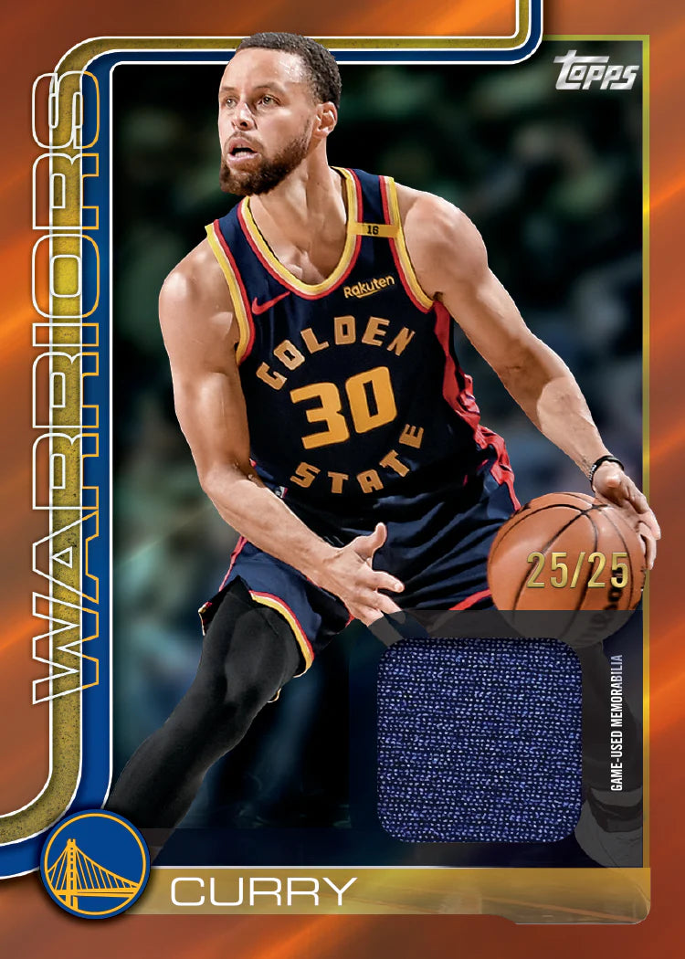 Carte basketball Topps 2025-26 Stephen Curry Golden State Warriors relic game-used memorabilia numérotée 25/25 bordure orange et dorée, vue de face