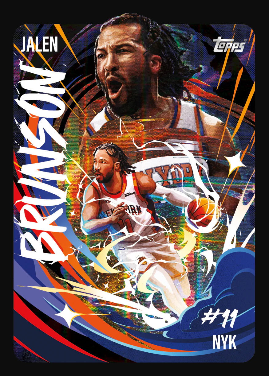 Carte illustration artistique holographique Topps NBA Jalen Brunson New York Knicks 2025-26, double portrait expressif et action dribble maillot blanc numéro 11 fond multicolore bleu orange éclats dorés vue de face