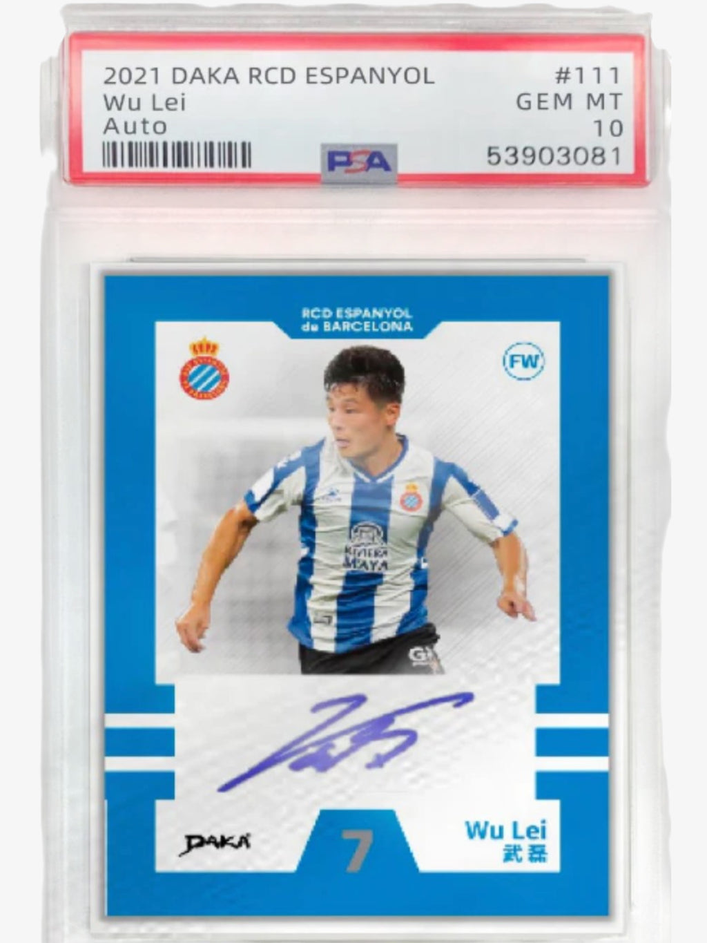 Carte autographe PSA 10 DAKA Espanyol Wu Lei 2021, autographe PSA GEM MT 10