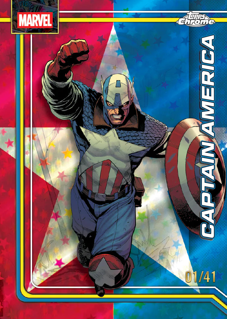 Carte Chrome Refractor Topps Marvel Captain America 2026, parallel bleu 01 sur 41