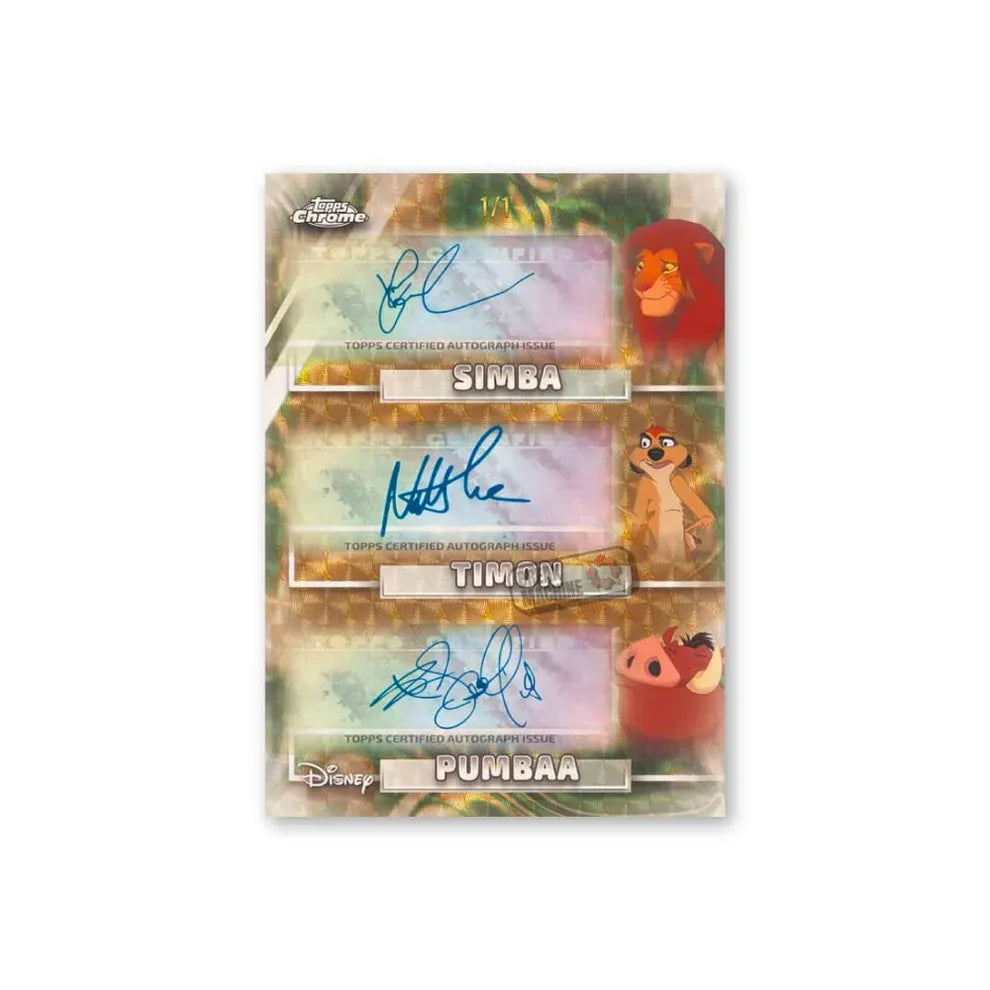 Carte Chrome triple autographe Topps Disney Roi Lion 2026, autographe Simba Timon Pumbaa 1 sur 1
