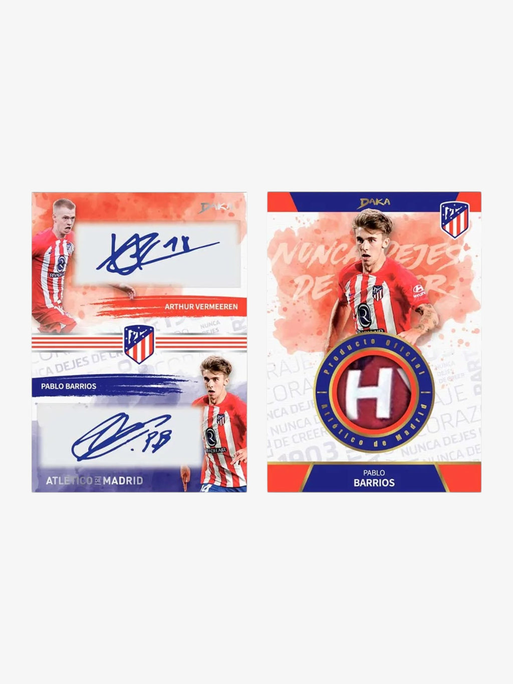 Carte double autographe patch DAKA Atlético Vermeeren Barrios 2023-24, autographe et patch