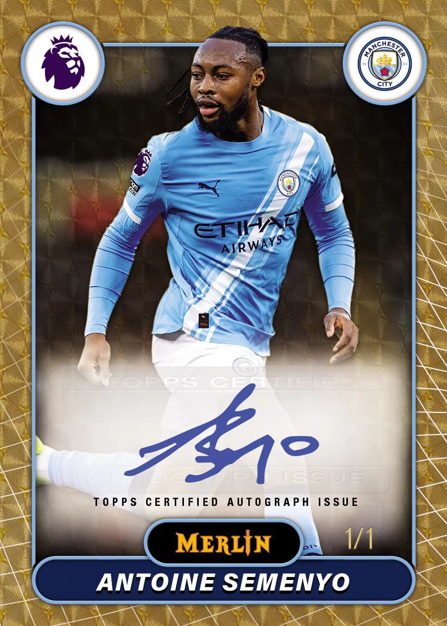 Carte autographe Topps Merlin Premier League 2026 Antoine Semenyo Manchester City numérotée 1/1, Topps Certified Autograph Issue