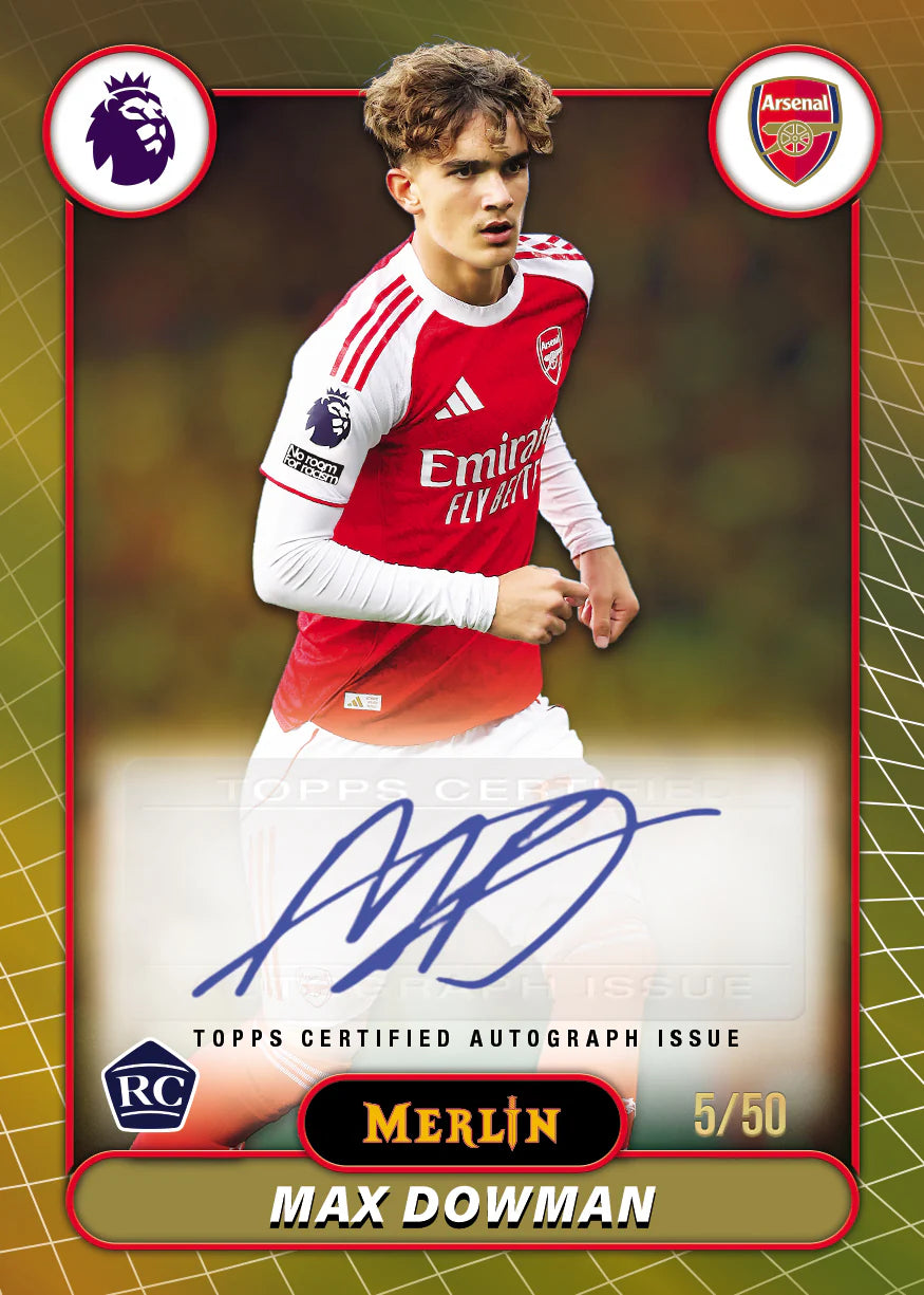 Carte autographe Topps Merlin Premier League 2026 Max Dowman Arsenal RC numérotée 5/50, Topps Certified Autograph Issue
