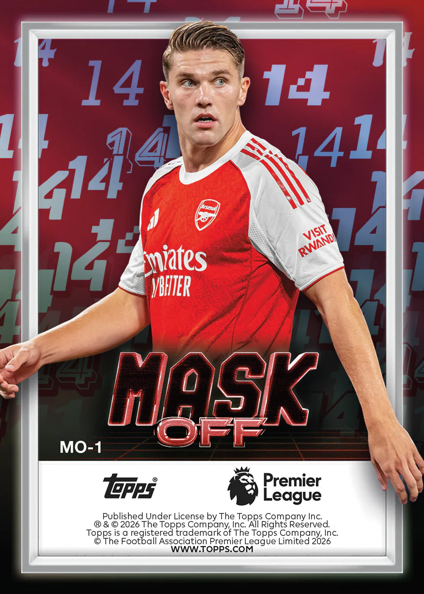 Dos de carte Topps Merlin Premier League 2026 Mask Off Arsenal MO-1, vue arrière avec informations légales