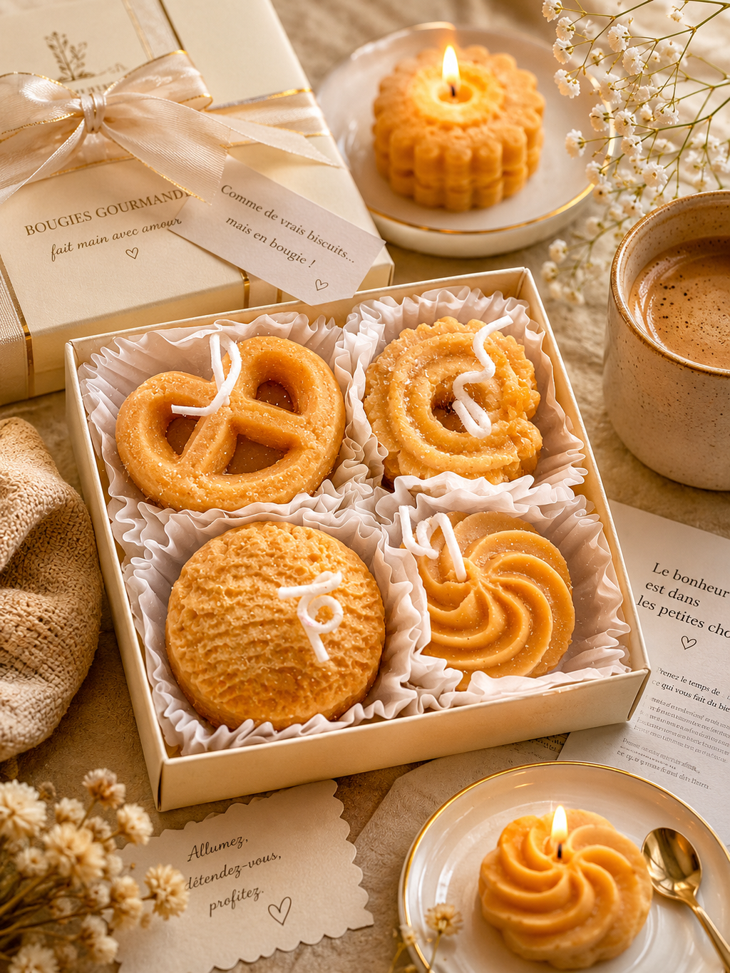 Coffret artisanal Bougies Gourmandes doré en cire, mise en scène