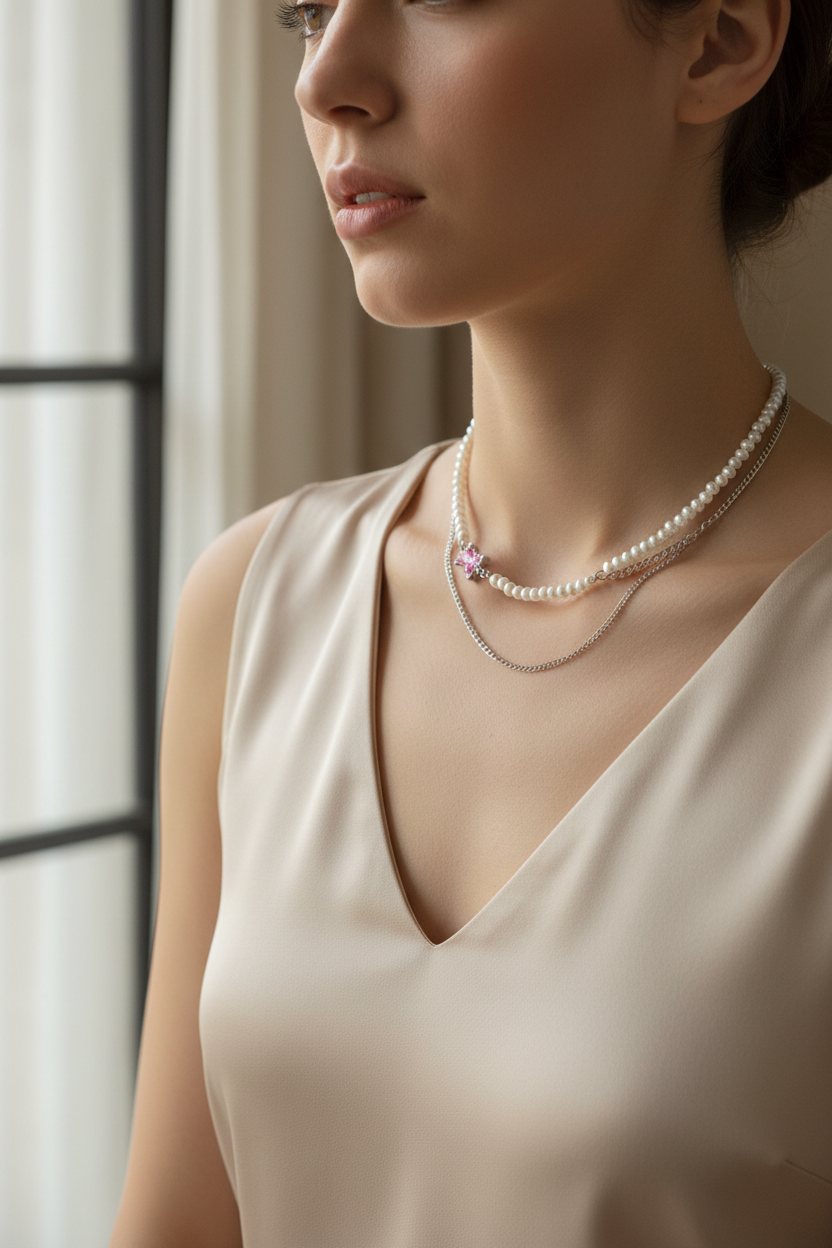 Collier superposé triple rangs FLV blanc argenté et rose : rang perles naturelles, chaîne argentée avec pendentif papillon rose et rang perles baroques, porté par un modèle femme en robe beige près d'une fenêtre lumière naturelle