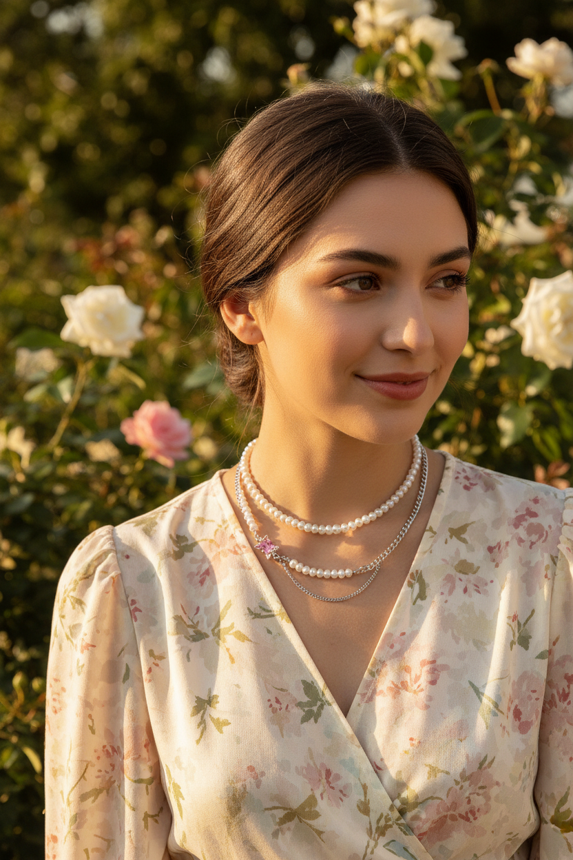 Collier superposé triple rangs FLV blanc argenté et rose : rang perles naturelles, chaîne argentée avec pendentif papillon rose et rang perles baroques, porté par un modèle femme dans un jardin de roses