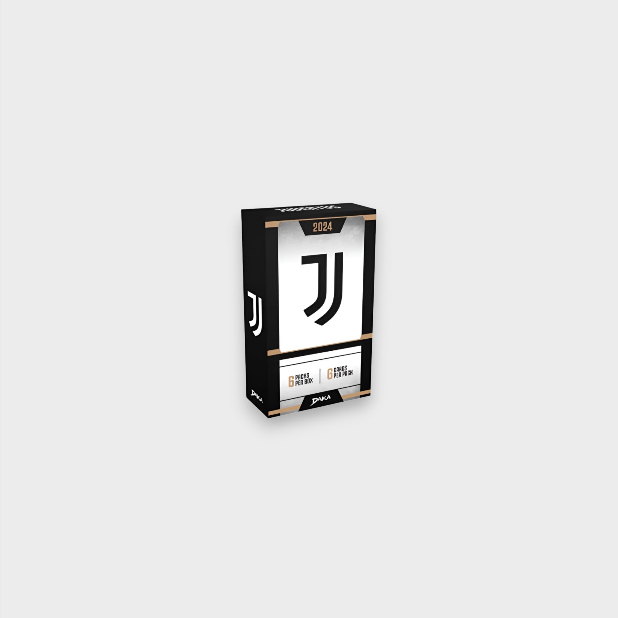 Daka Juventus FC 2024 Soccer Trading Cards boîte noire et blanche avec logo Juventus doré 6 packs par boîte 8 cartes par pack, vue de trois quarts
