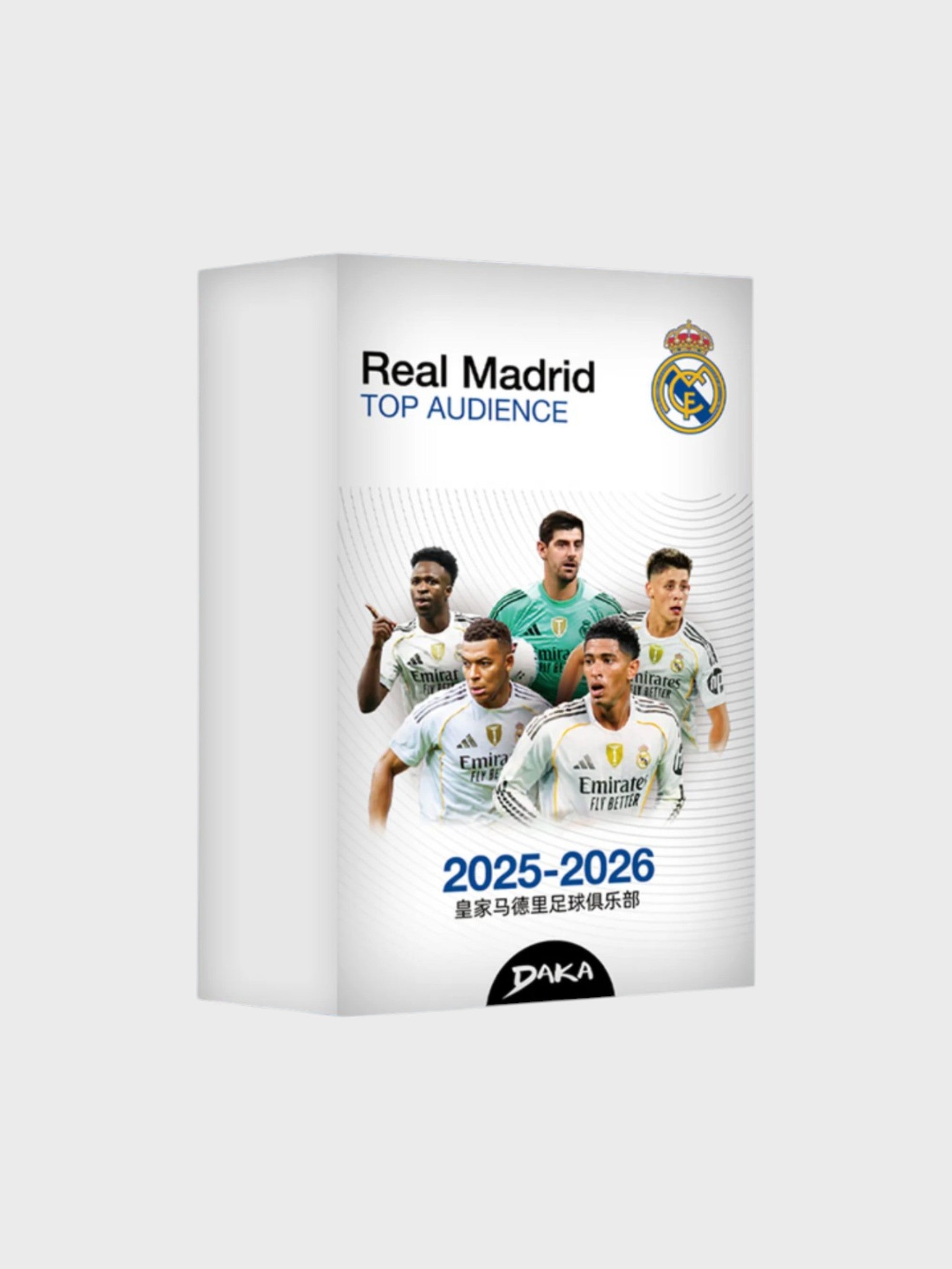 Daka Top Audience 2025-2026 coffret officiel de cartes à collectionner Real Madrid CF, vue de face
