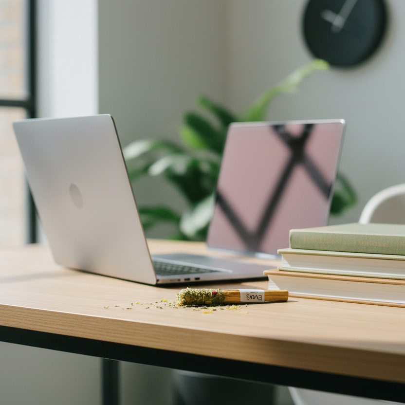 Diffuseur bâton naturel Evosensation en bois et plante séchée, posé sur un bureau en bois avec un laptop et des livres, vue de côté