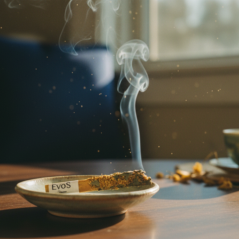 Diffuseur bâton naturel Evosensation en bois et plante séchée, allumé et fumant dans une coupelle en céramique sur une table en bois, ambiance chaleureuse, vue de côté