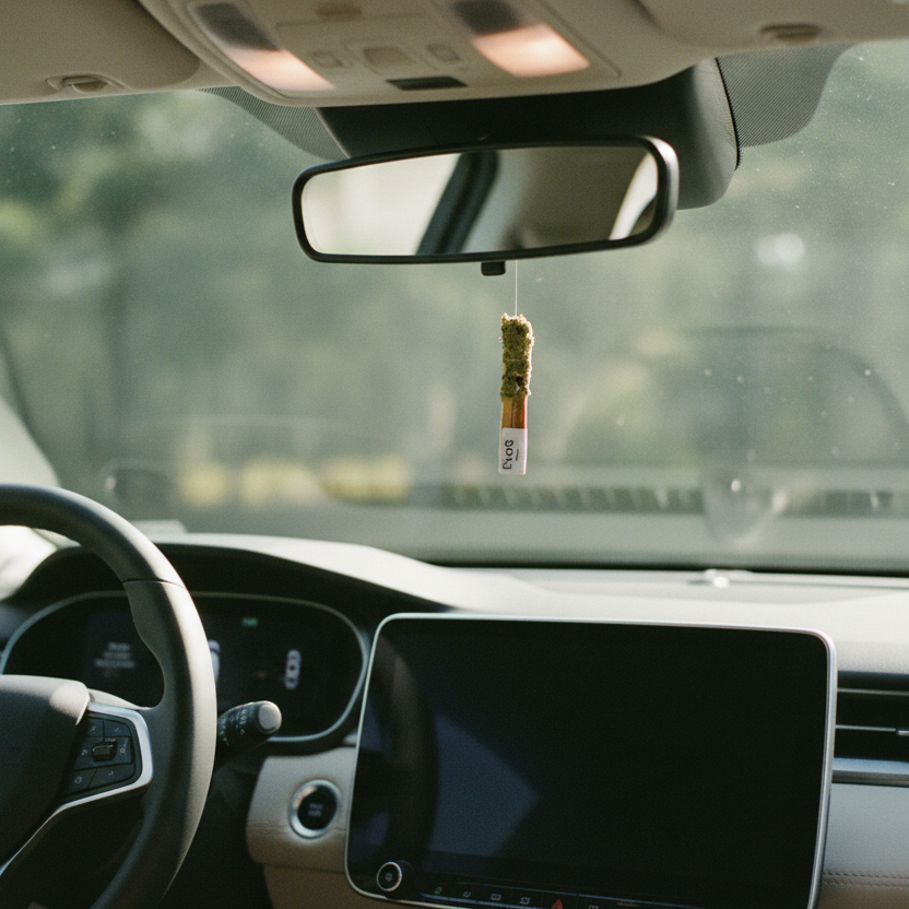 Diffuseur de voiture bâton naturel Evosensation en bois et plante séchée, suspendu au rétroviseur intérieur d'une voiture, vue de face