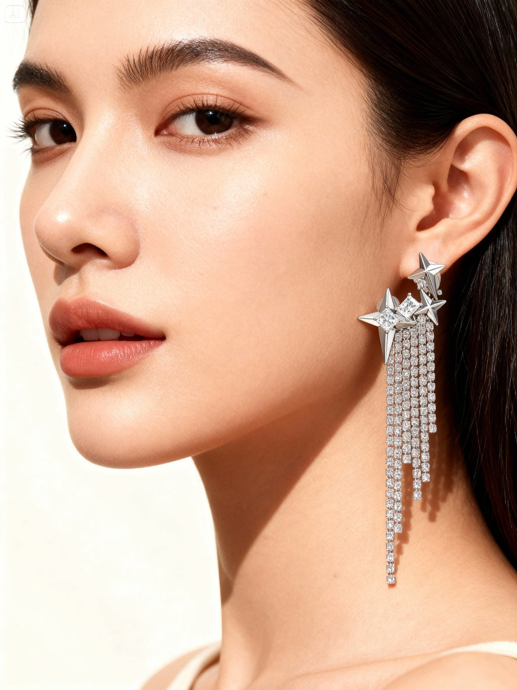 Gros plan de boucles longues étoiles argentées, style glamour et moderne