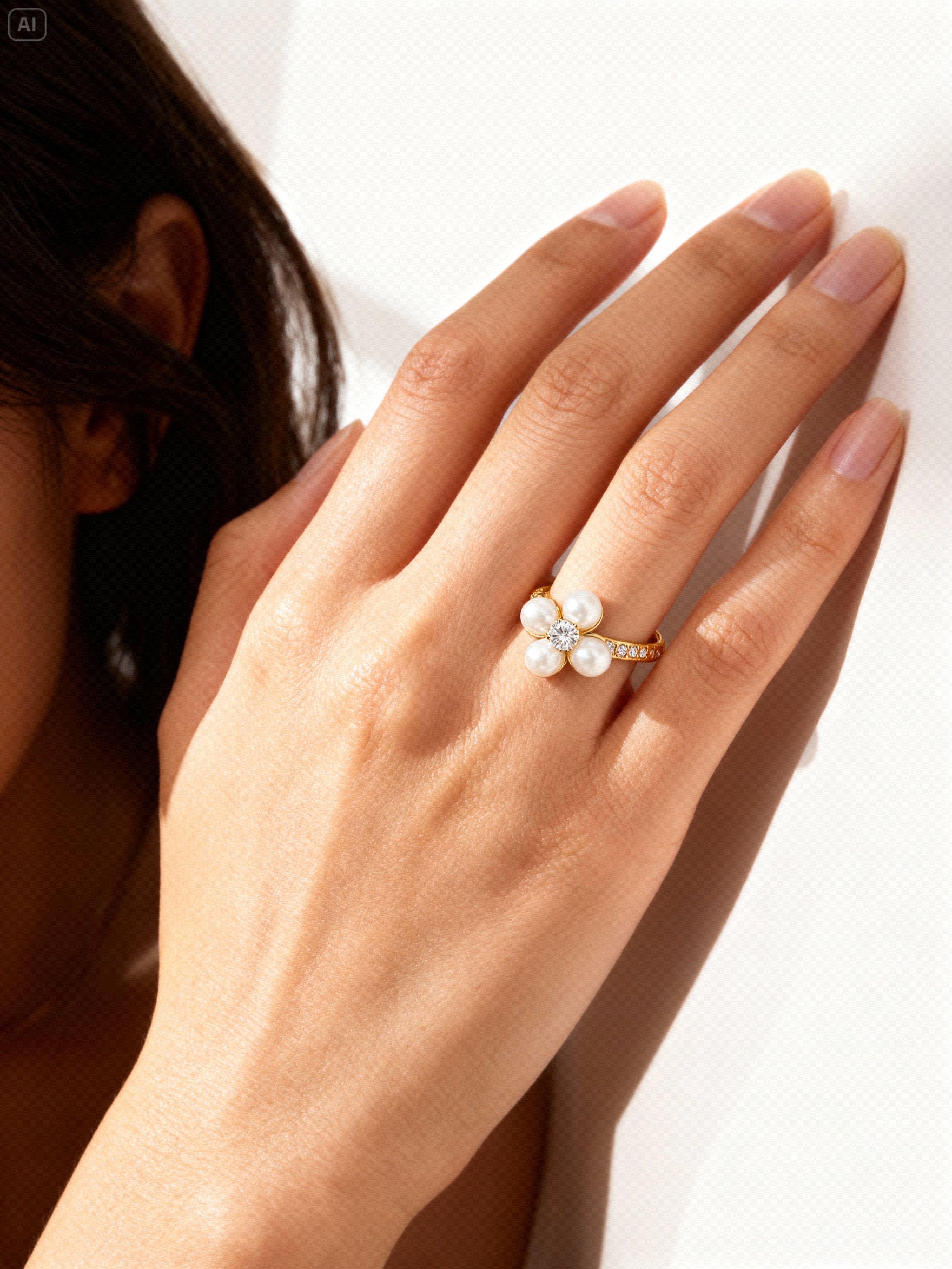 Gros plan d’une bague fleur en perles et cristal portée au doigt