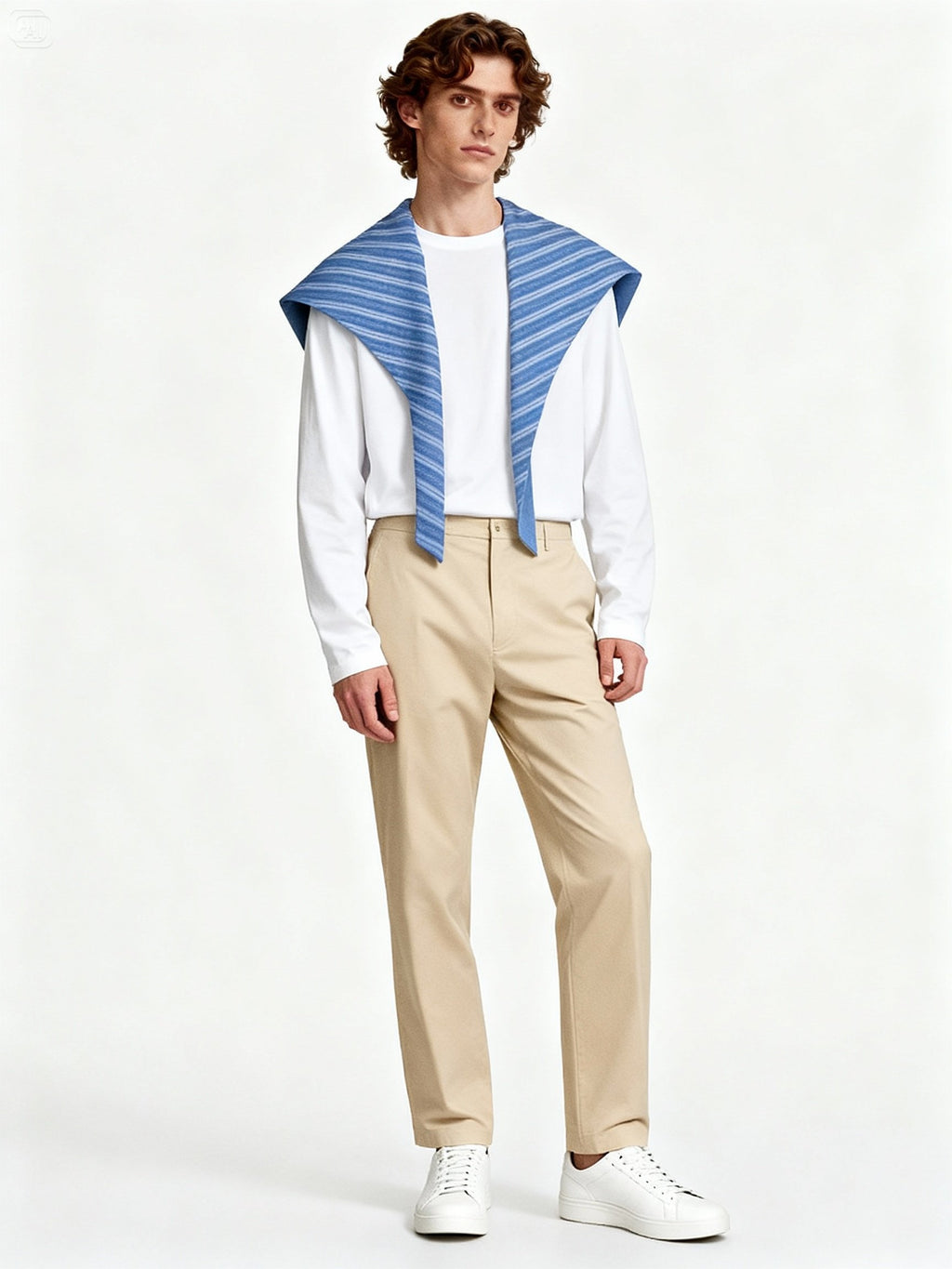 Modèle portant sweat blanc à épaule rayée bleu, look preppy moderne