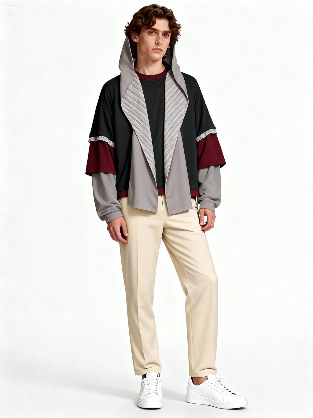 Modèle portant veste oversize patchwork à capuche style streetwear