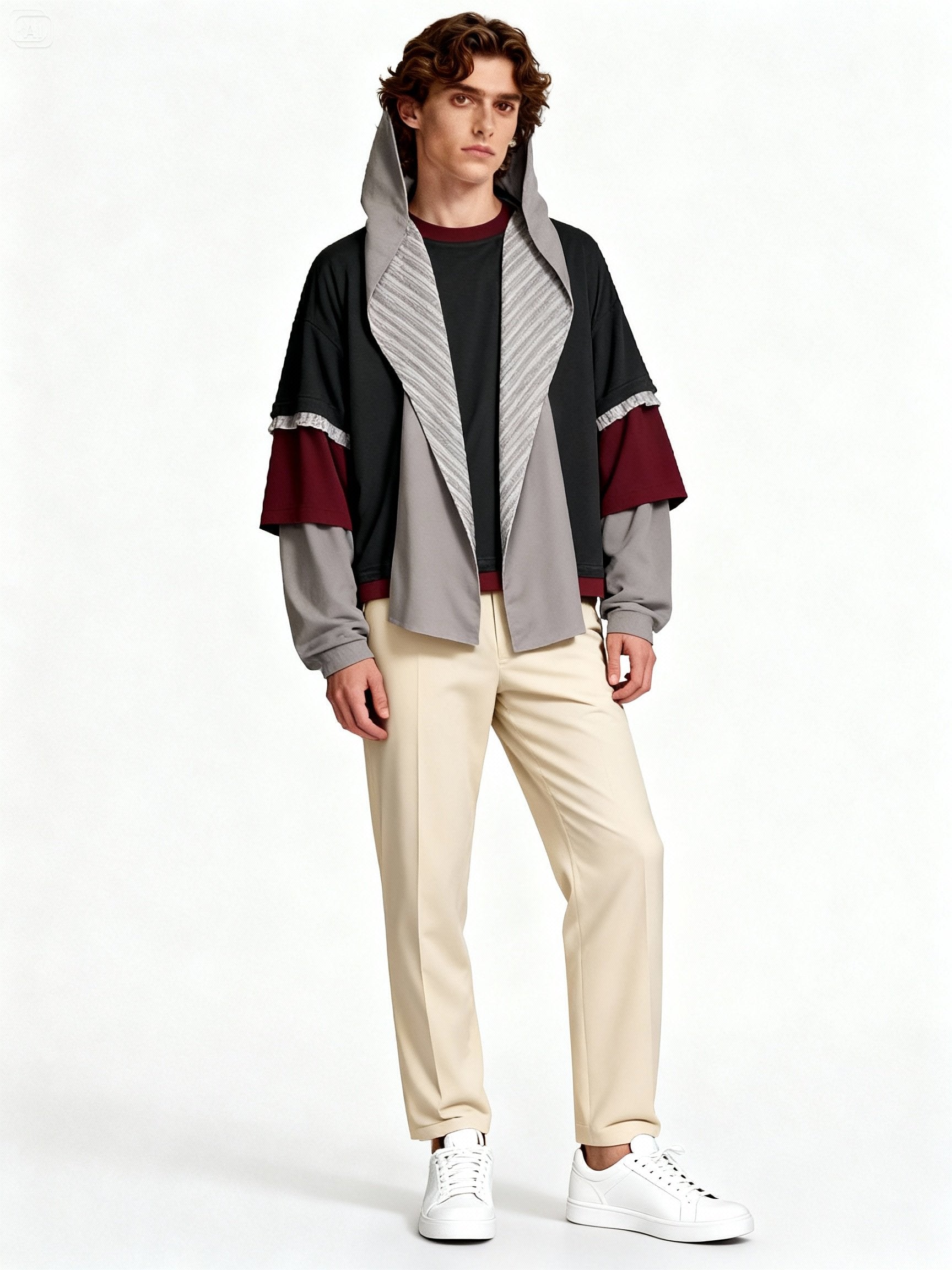 Modèle portant veste oversize patchwork à capuche style streetwear