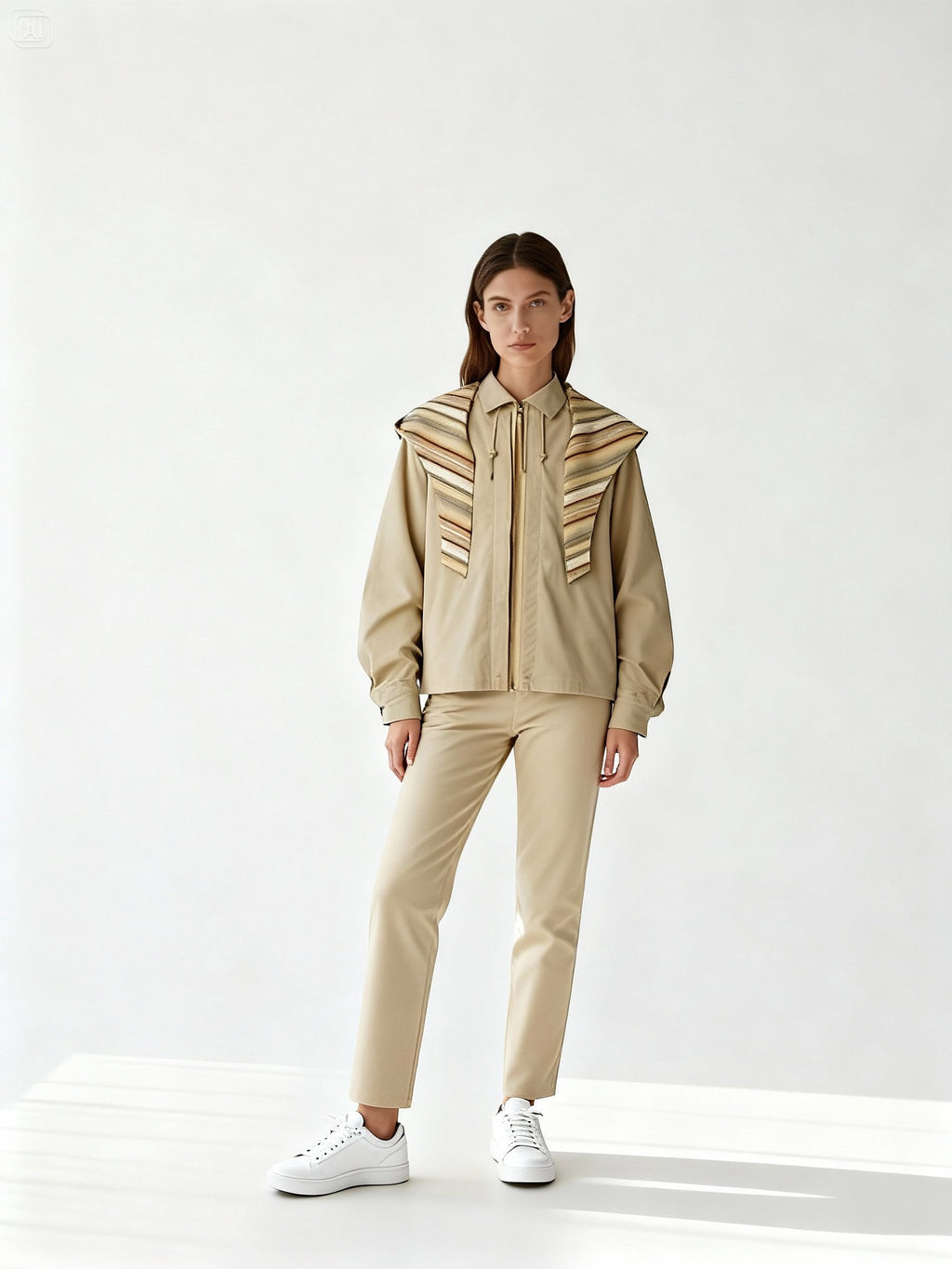 Mannequin femme en veste beige oversize à cape rayée