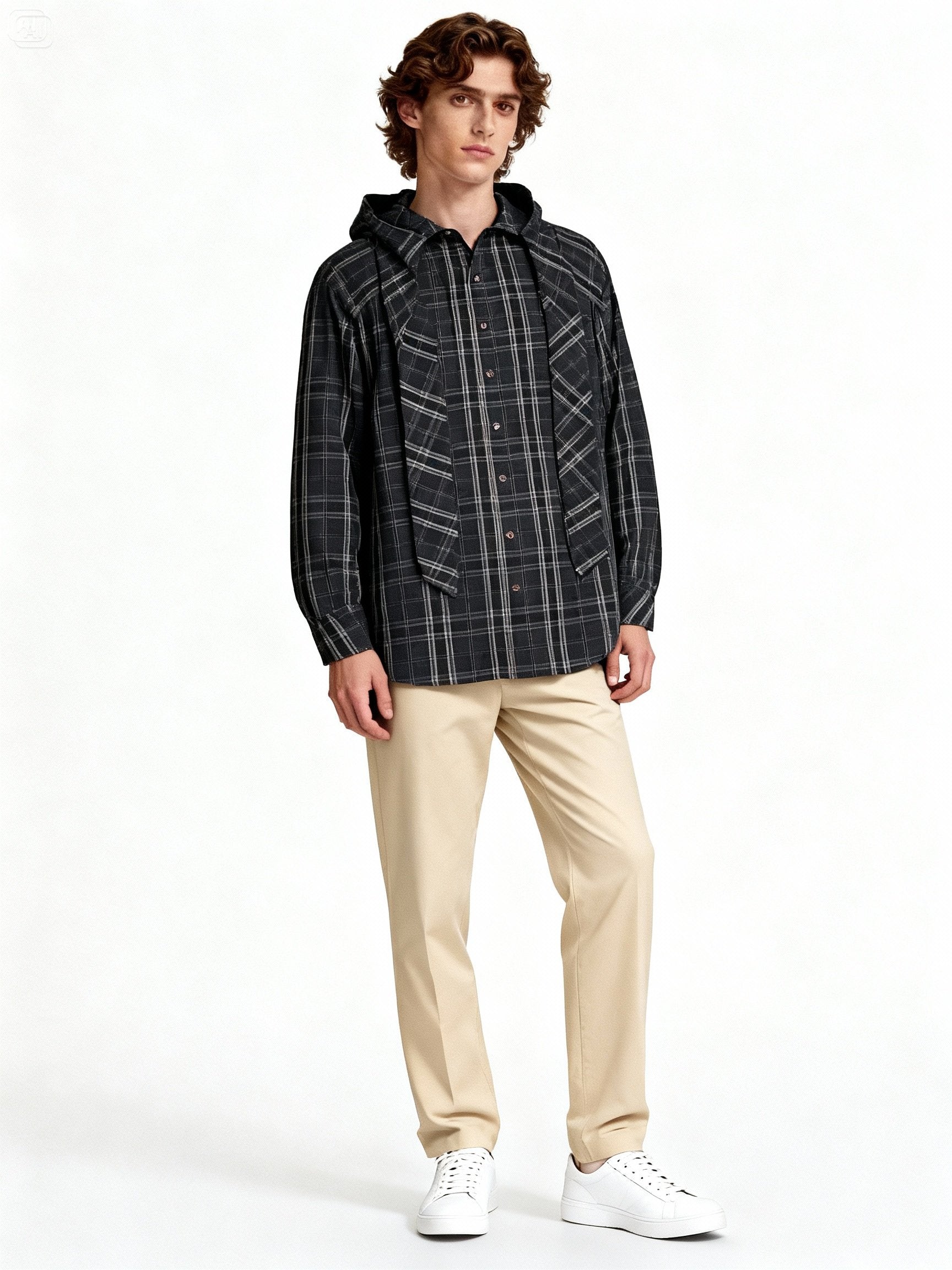 Mannequin homme en chemise oversize unisexe à carreaux noir