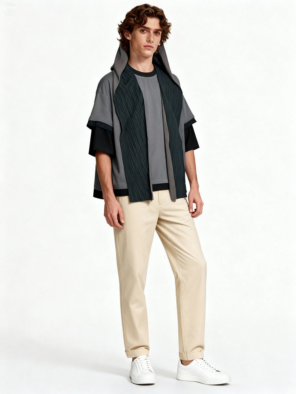 Look complet avec veste patchwork gris superposée sur modèle homme