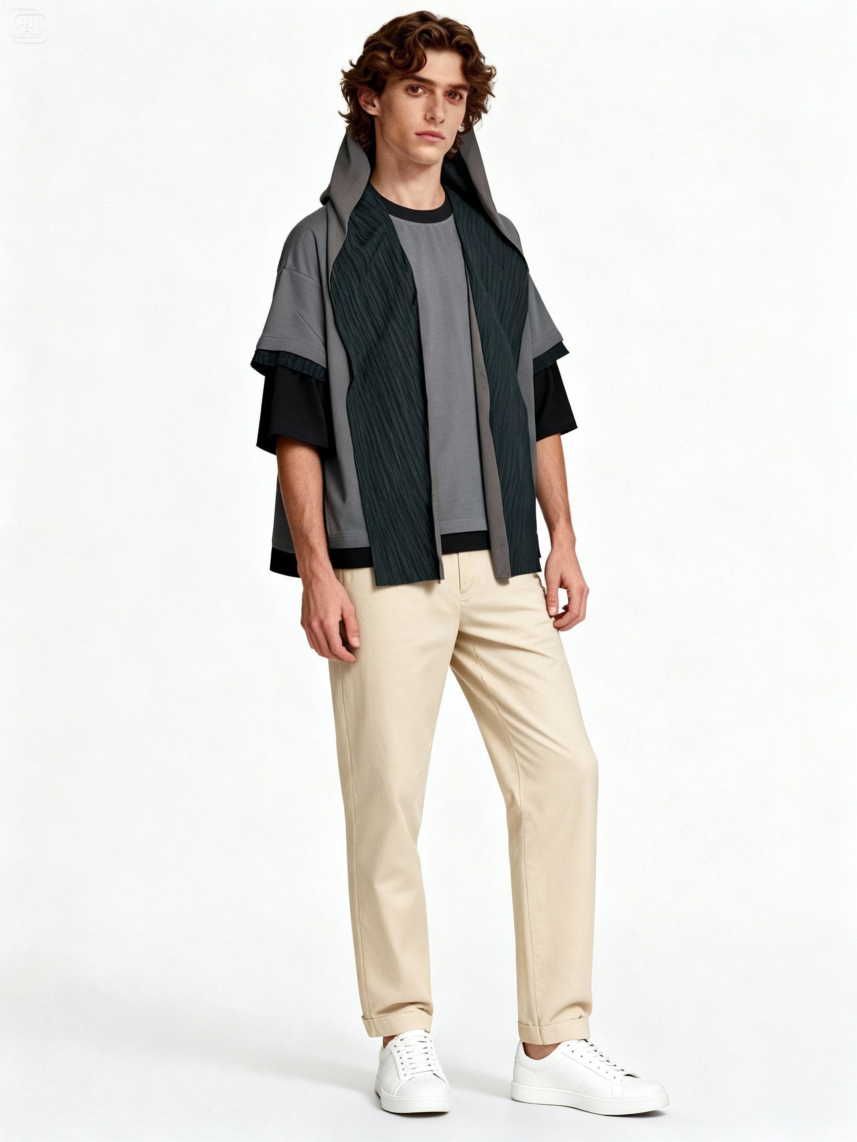 Look complet avec veste patchwork gris superposée sur modèle homme